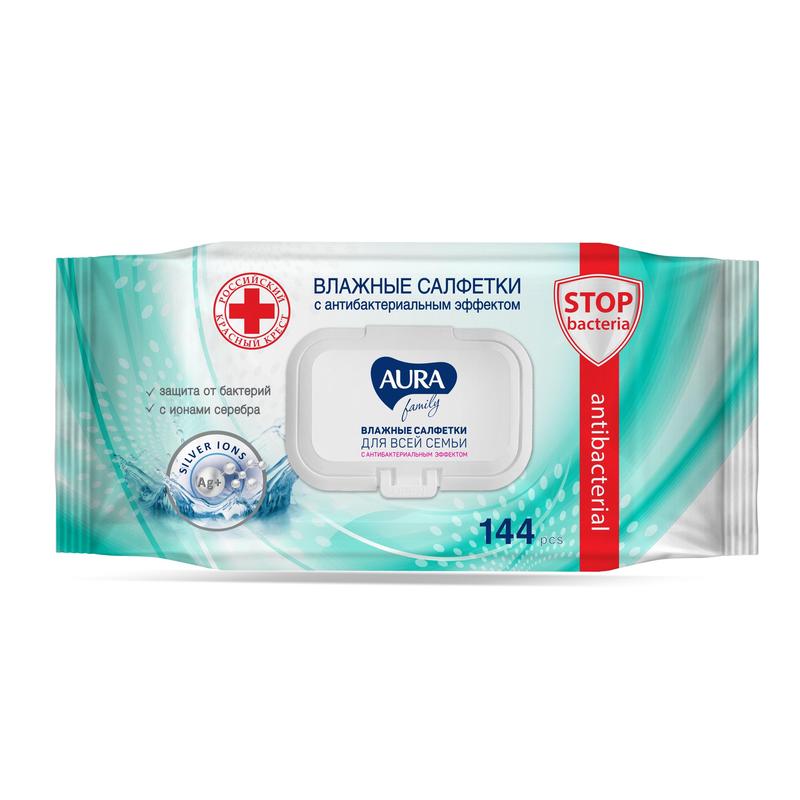 1027847 Влажные салфетки антибактериальные Aura Family 144 штуки в упаковке